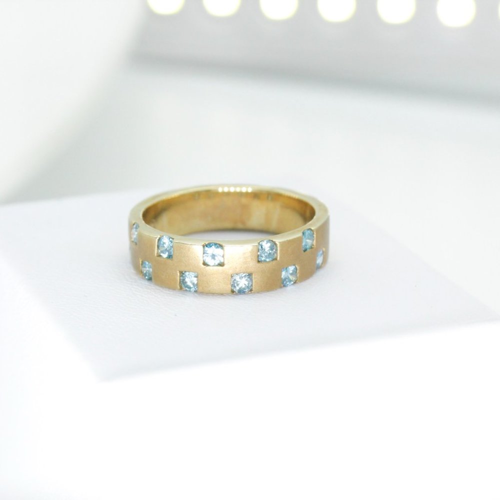 Yellow Gold Ring with Blue Colored Enhanced Diamonds
